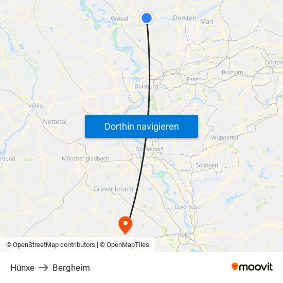 Hünxe to Bergheim map