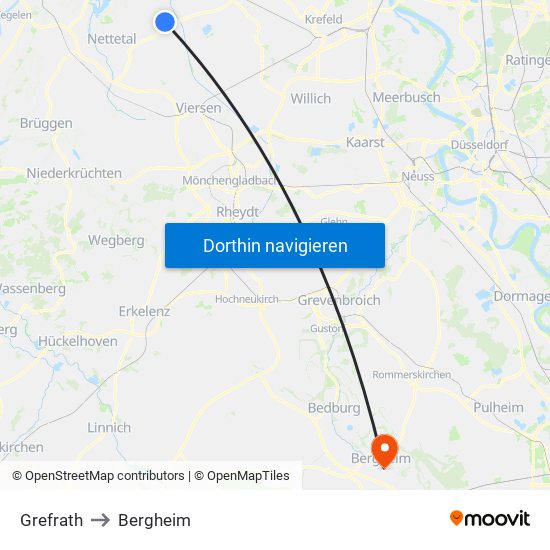 Grefrath to Bergheim map