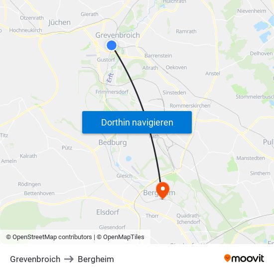 Grevenbroich to Bergheim map