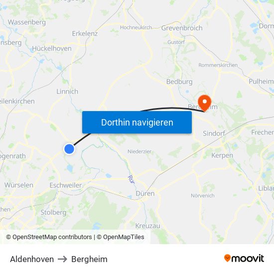 Aldenhoven to Bergheim map