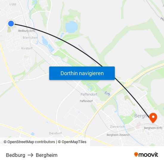 Bedburg to Bergheim map