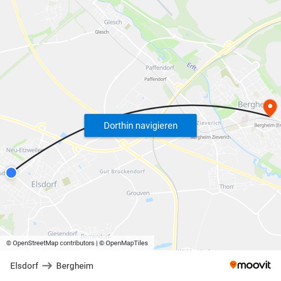 Elsdorf to Bergheim map