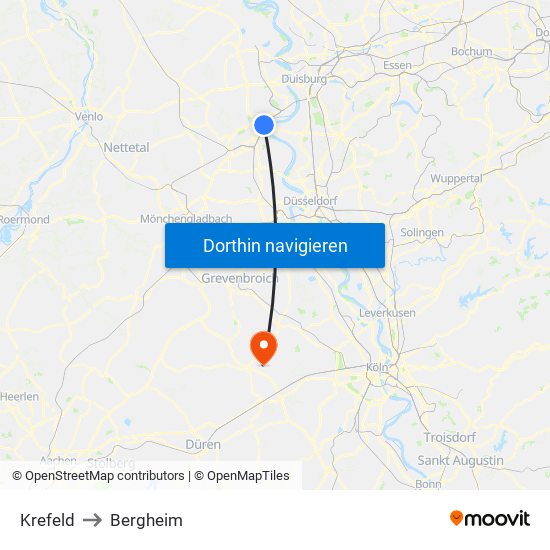 Krefeld to Bergheim map