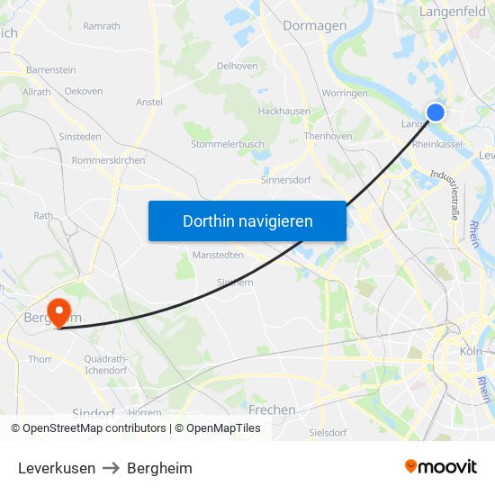 Leverkusen to Bergheim map