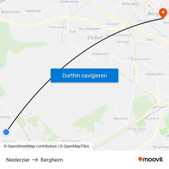 Niederzier to Bergheim map