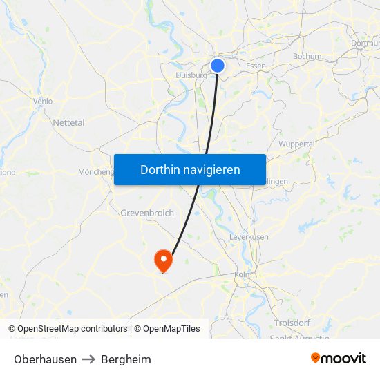 Oberhausen to Bergheim map