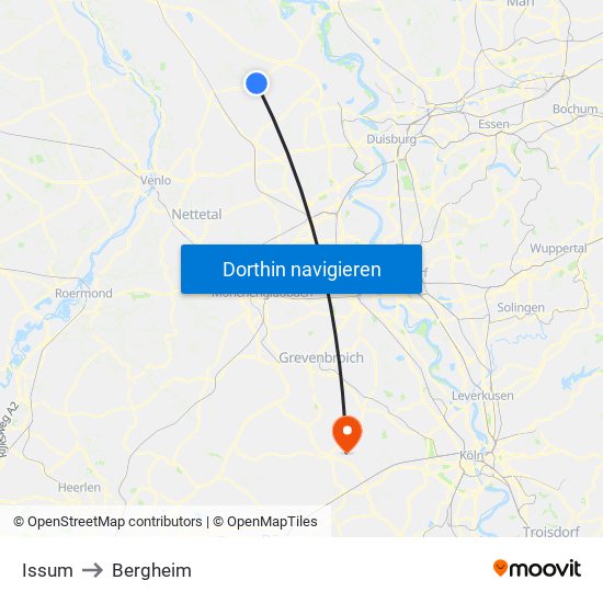 Issum to Bergheim map