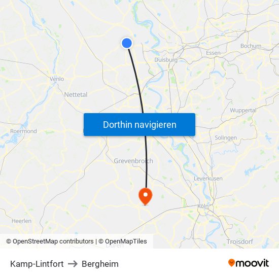 Kamp-Lintfort to Bergheim map