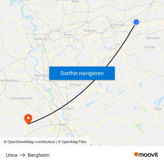 Unna to Bergheim map