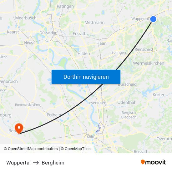 Wuppertal to Bergheim map