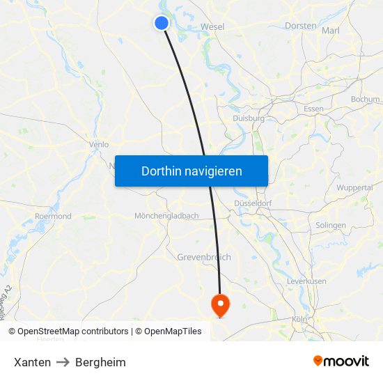 Xanten to Bergheim map