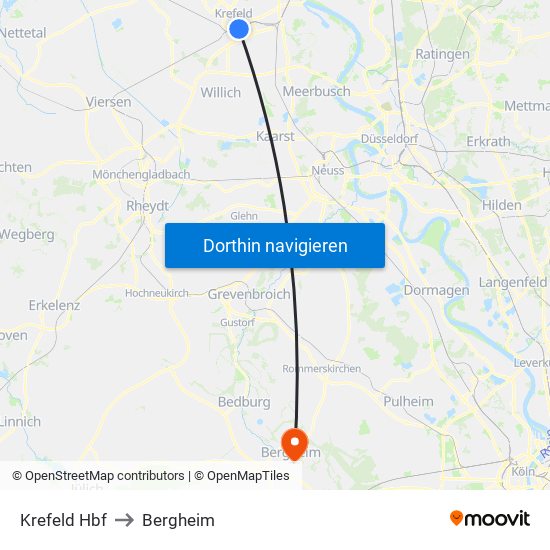 Krefeld Hbf to Bergheim map