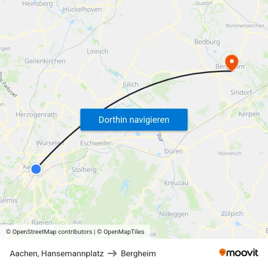 Aachen, Hansemannplatz to Bergheim map
