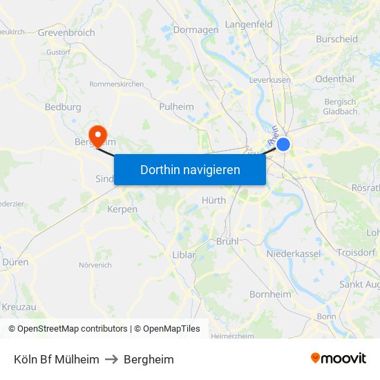 Köln Bf Mülheim to Bergheim map