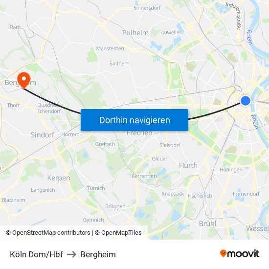 Köln Dom/Hbf to Bergheim map