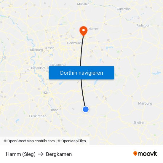 Hamm (Sieg) to Bergkamen map