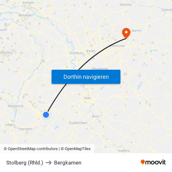 Stolberg (Rhld.) to Bergkamen map