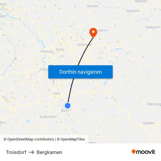 Troisdorf to Bergkamen map