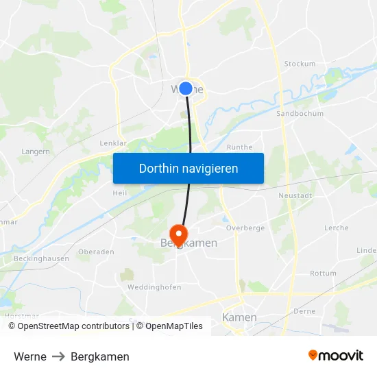 Werne to Bergkamen map