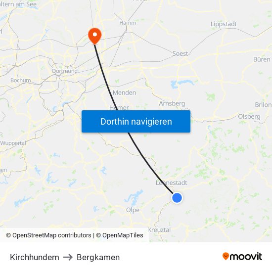 Kirchhundem to Bergkamen map