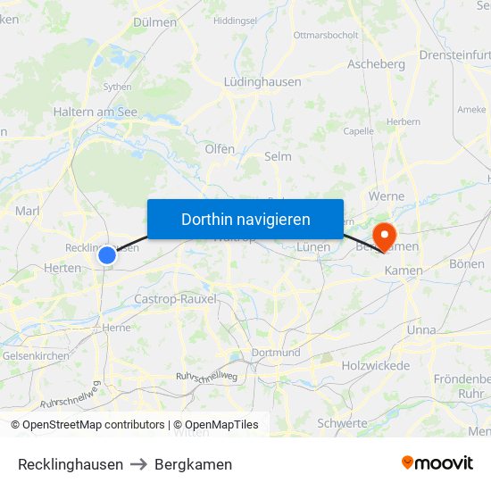 Recklinghausen to Bergkamen map