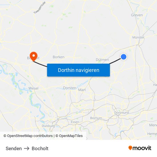 Senden to Bocholt map