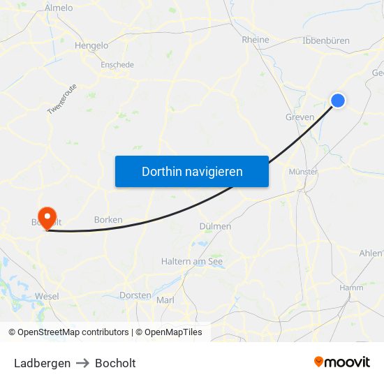 Ladbergen to Bocholt map