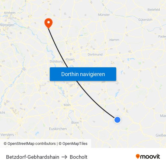 Betzdorf-Gebhardshain to Bocholt map