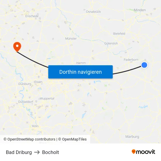 Bad Driburg to Bocholt map