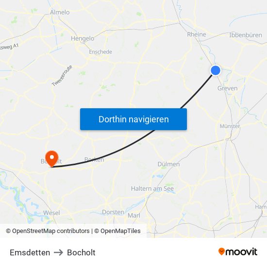 Emsdetten to Bocholt map