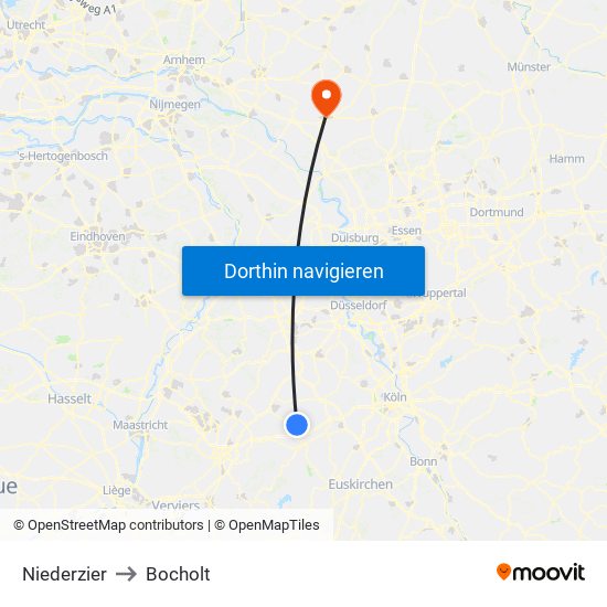 Niederzier to Bocholt map