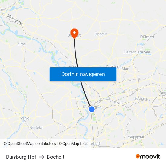 Duisburg Hbf to Bocholt map