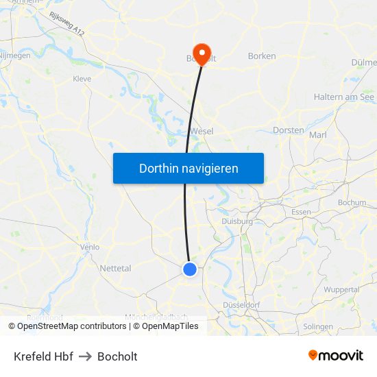 Krefeld Hbf to Bocholt map