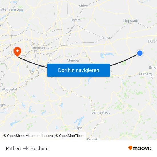 Rüthen to Bochum map