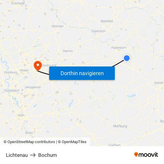 Lichtenau to Bochum map