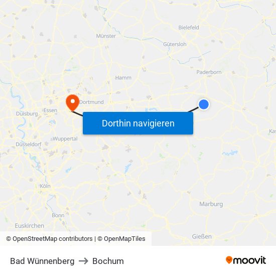 Bad Wünnenberg to Bochum map