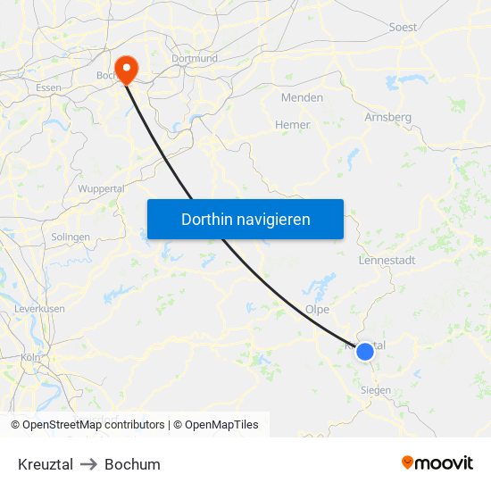 Kreuztal to Bochum map