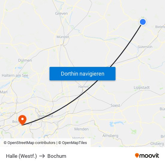 Halle (Westf.) to Bochum map