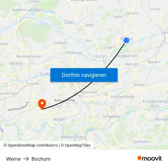 Werne to Bochum map