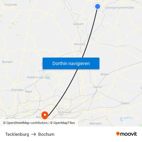 Tecklenburg to Bochum map