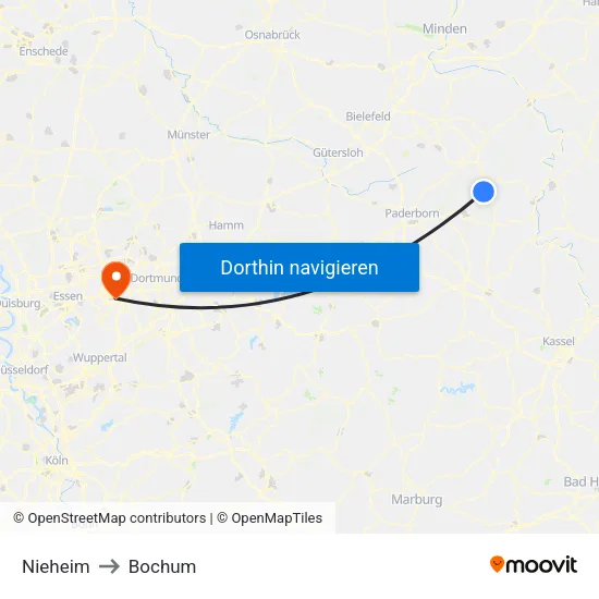 Nieheim to Bochum map