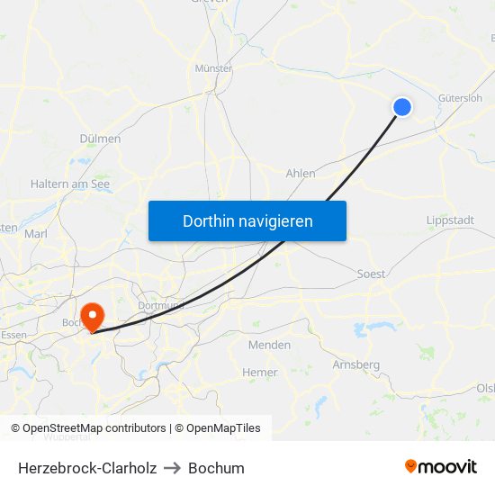 Herzebrock-Clarholz to Bochum map