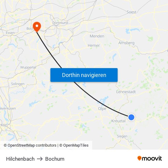 Hilchenbach to Bochum map