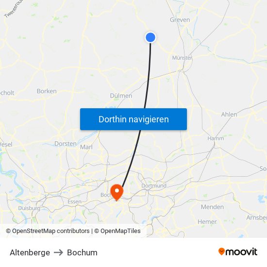 Altenberge to Bochum map