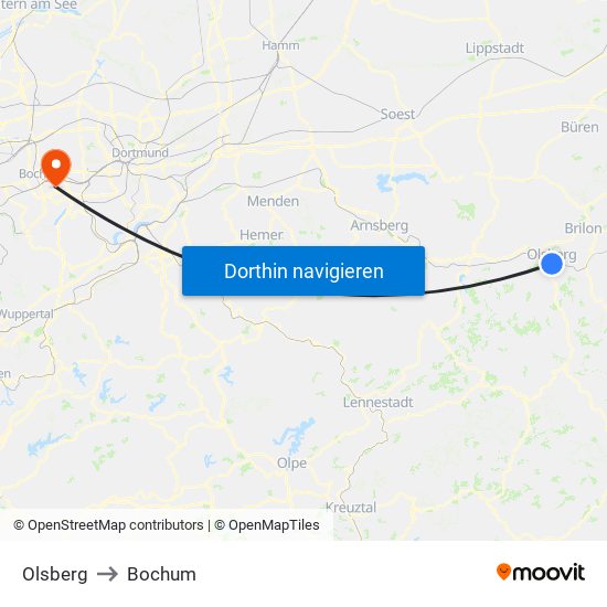 Olsberg to Bochum map