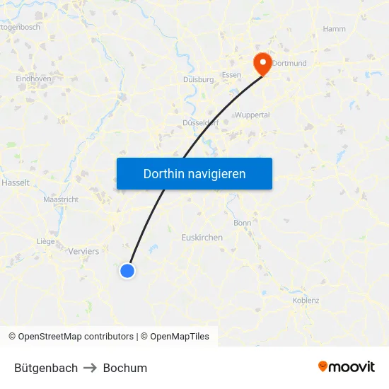 Bütgenbach to Bochum map