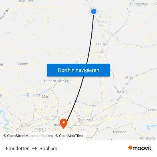 Emsdetten to Bochum map