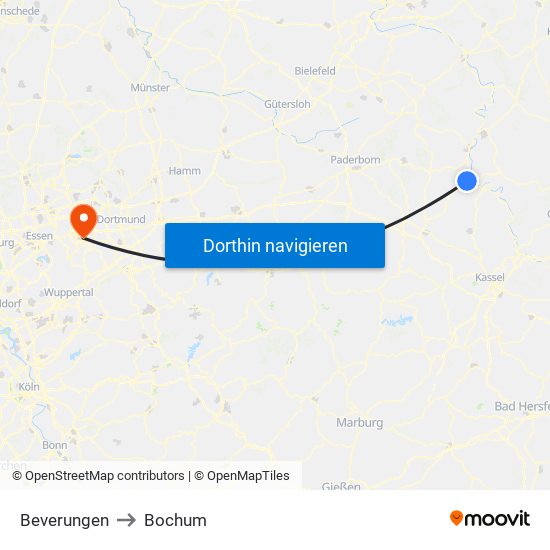 Beverungen to Bochum map