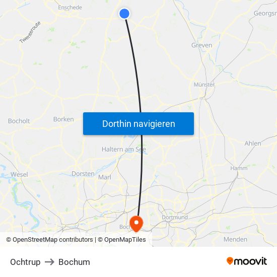 Ochtrup to Bochum map