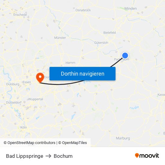 Bad Lippspringe to Bochum map
